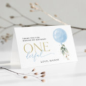 Blauwe ballon, eucalyptus, groen, eerste verjaarda bedankkaart