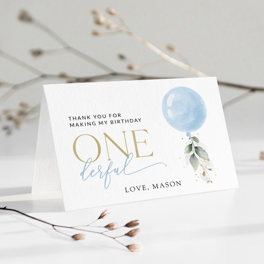 Blauwe ballon, eucalyptus, groen, eerste verjaarda bedankkaart