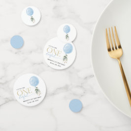 Blauwe ballon, eucalyptus, groen, eerste verjaarda confetti