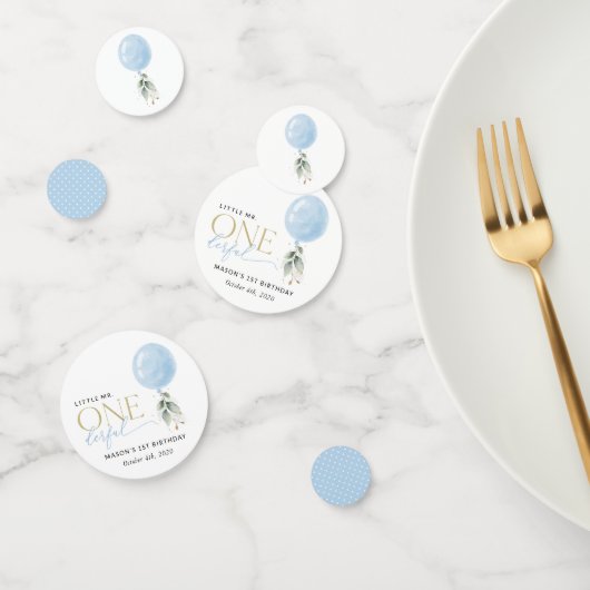 Blauwe ballon, eucalyptus, groen, eerste verjaarda confetti (Groep)