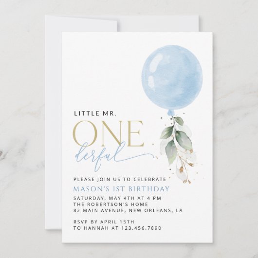 Blauwe ballon, eucalyptus, groen, eerste verjaarda kaart (Voorkant)