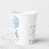 Blauwe ballon, eucalyptus, groen, eerste verjaarda papieren bekers (Rechts)