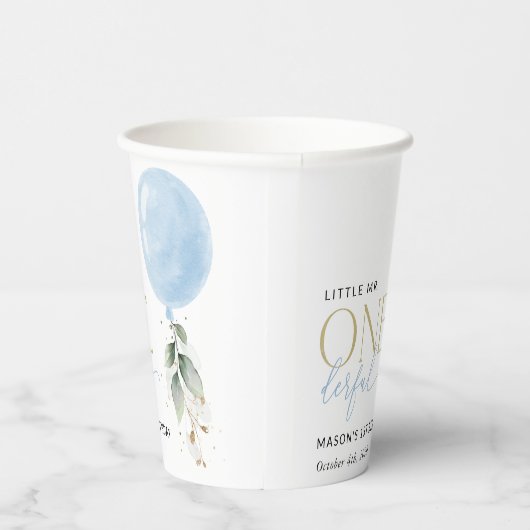 Blauwe ballon, eucalyptus, groen, eerste verjaarda papieren bekers (Rechts)