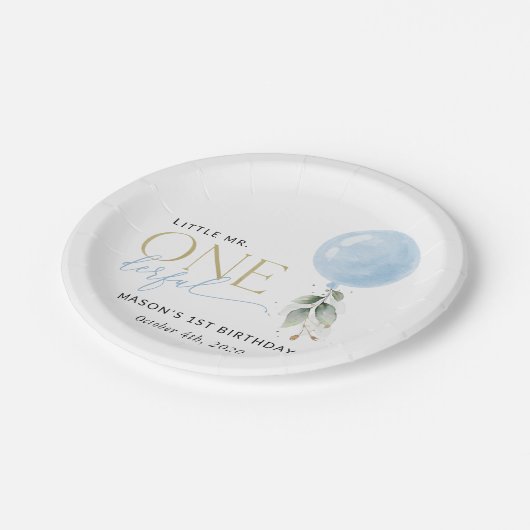 Blauwe ballon, eucalyptus, groen, eerste verjaarda papieren bordje (Gekanteld)