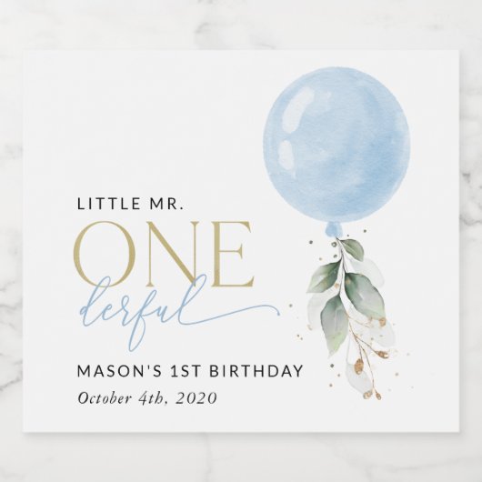 Blauwe ballon, eucalyptus, groen, eerste verjaarda sparkling wijnetiket (Enkel label)