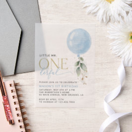Blauwe ballon, eucalyptus, groen, eerste verjaarda vellum uitnodigingen