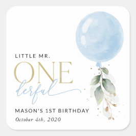 Blauwe ballon, eucalyptus, groen, eerste verjaarda vierkante sticker