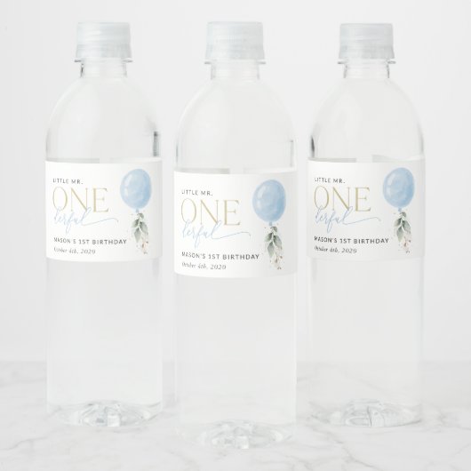 Blauwe ballon, eucalyptus, groen, eerste verjaarda waterfles etiket (Flessen)
