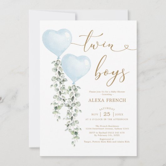 Blauwe ballon Eucalyptus Sweeat Twin Boys Kaart (Voorkant)