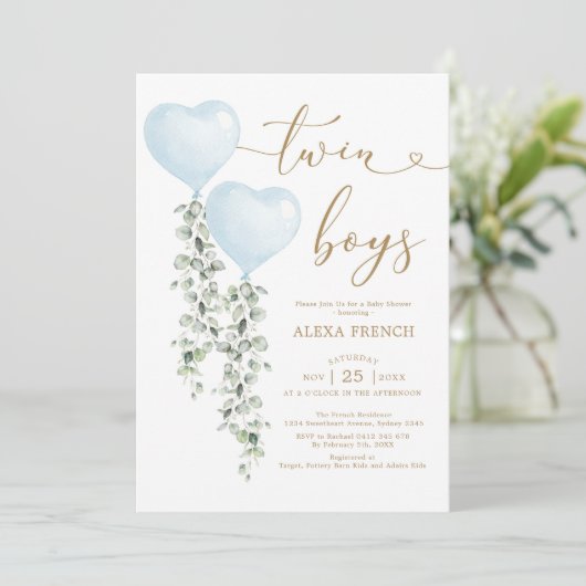 Blauwe ballon Eucalyptus Sweeat Twin Boys Kaart (Staand voorkant)