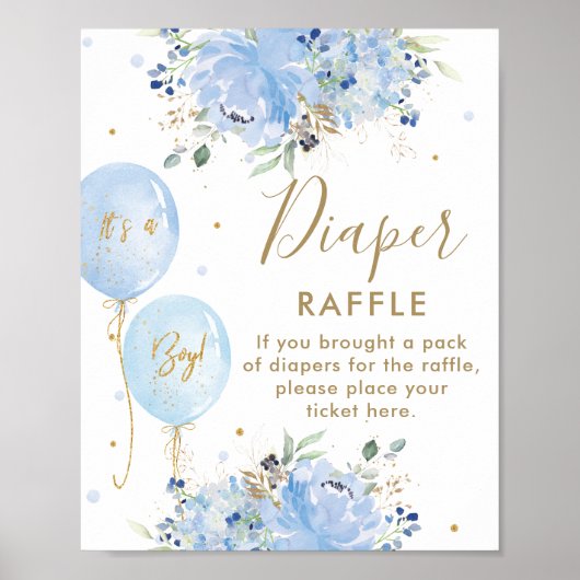 Blauwe ballon Floral Boy Baby shower Diaper Raffle Poster (Voorkant)