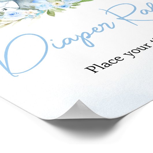 Blauwe ballon Floral Olifant Luier Raffle Poster (Hoek)