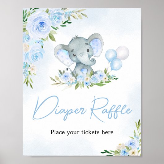 Blauwe ballon Floral Olifant Luier Raffle Poster (Voorkant)