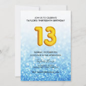 Blauwe ballon Glitter 13th Birthday Party Kaart (Voorkant)