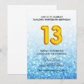 Blauwe ballon Glitter 13th Birthday Party Kaart (Voorkant / Achterkant)