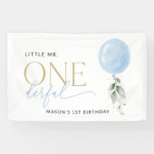 Blauwe ballon, groen, eerste verjaardag Welkom Spandoek (Horizontaal)