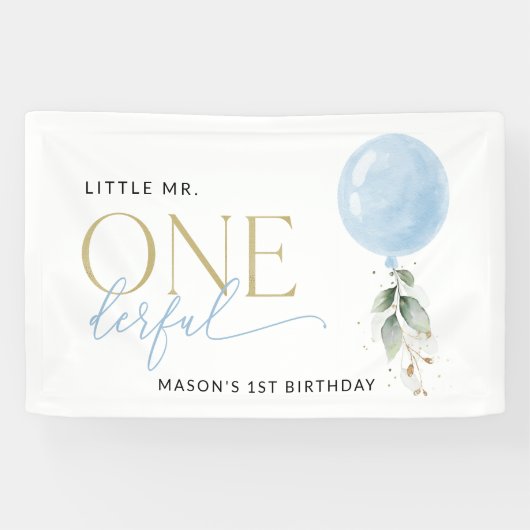 Blauwe ballon, groen, eerste verjaardag Welkom Spandoek (Horizontaal)