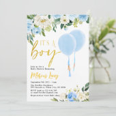 Blauwe ballon groen "Het is een jongen" Baby showe Kaart (Staand voorkant)