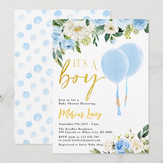 Blauwe ballon groen "Het is een jongen" Baby showe Kaart (Voorkant / Achterkant)