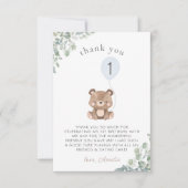 Blauwe ballon groen teddybeer eerste verjaardag bedankkaart (Voorkant)