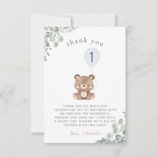 Blauwe ballon groen teddybeer eerste verjaardag bedankkaart (Voorkant)