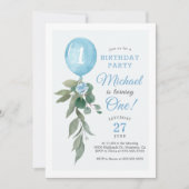 Blauwe ballon groen verjaardagsfeestuitnodiging kaart (Voorkant)