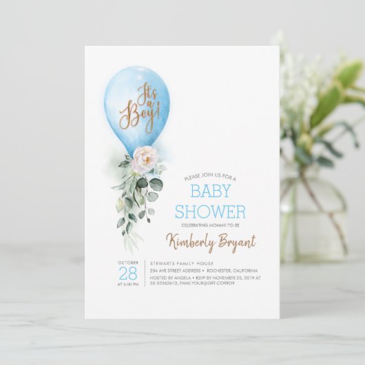 Blauwe ballon Het is een Baby shower van een jonge Kaart (Staand voorkant)