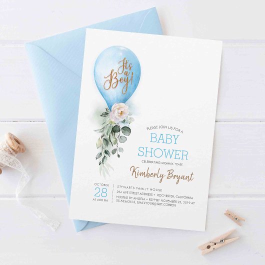 Blauwe ballon Het is een Baby shower van een jonge Kaart