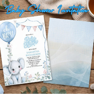 Blauwe ballon leuke olifant baby shower uitnodigin kaart