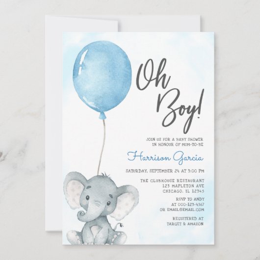 Blauwe ballon Oh Boy Elephant Baby shower Kaart (Voorkant)