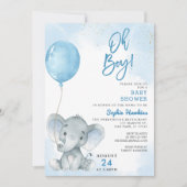 Blauwe ballon Oh Boy Elephant Baby shower Kaart (Voorkant)
