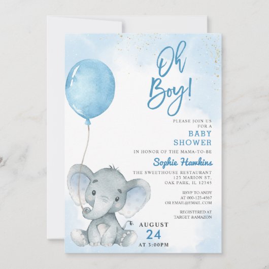 Blauwe ballon Oh Boy Elephant Baby shower Kaart (Voorkant)