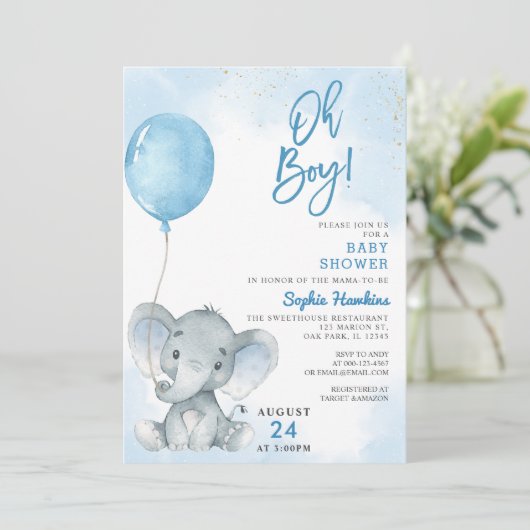 Blauwe ballon Oh Boy Elephant Baby shower Kaart (Staand voorkant)