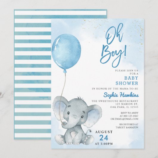 Blauwe ballon Oh Boy Elephant Baby shower Kaart (Voorkant / Achterkant)