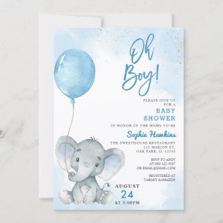 Blauwe ballon Oh Boy Elephant Baby shower Kaart