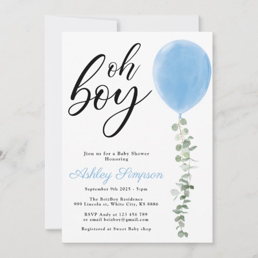 Blauwe ballon Oh boy eucalyptus baby shower Kaart (Voorkant)