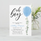 Blauwe ballon Oh boy eucalyptus baby shower Kaart (Staand voorkant)
