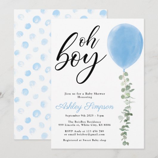Blauwe ballon Oh boy eucalyptus baby shower Kaart (Voorkant / Achterkant)