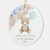 Blauwe ballon Teddy Bear Baby eerste kerstmis Keramisch Ornament (Links)