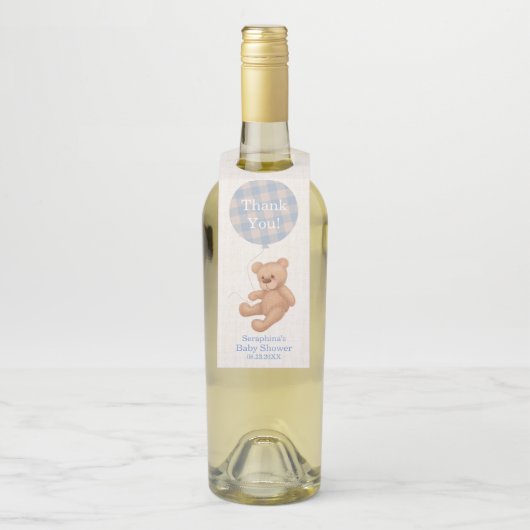Blauwe ballon Teddy Bear Baby shower Dank je Flessenhanger (Op fles)