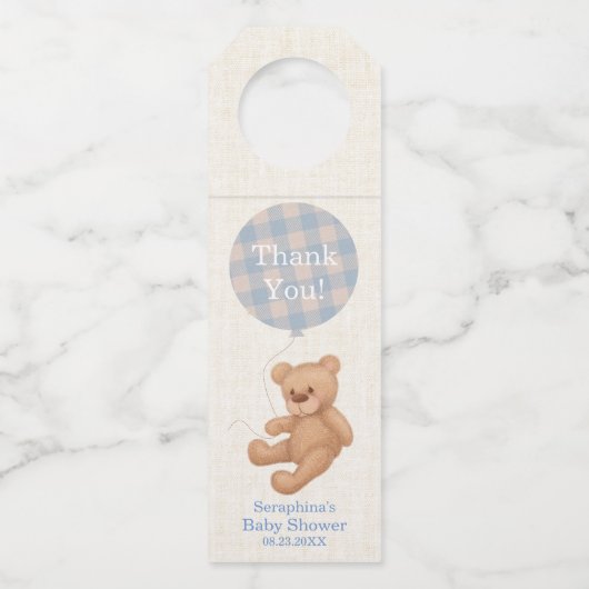 Blauwe ballon Teddy Bear Baby shower Dank je Flessenhanger (Voorkant)