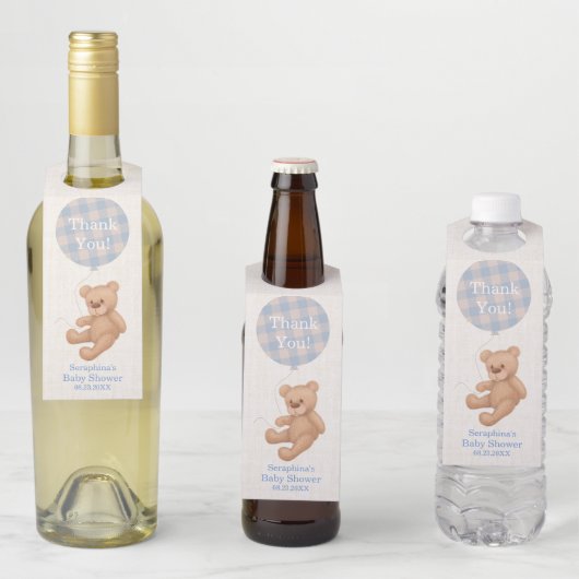 Blauwe ballon Teddy Bear Baby shower Dank je Flessenhanger (In situ)