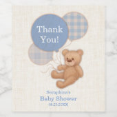 Blauwe ballon Teddy Bear Baby shower Dank je Wijn Etiket (Enkel label)