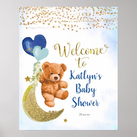 Blauwe ballon Teddy Bear Baby shower Welkomstteken Poster (Voorkant)