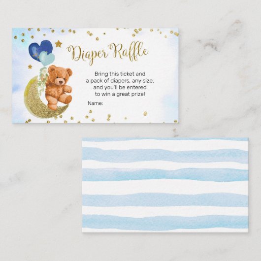 Blauwe ballon Teddy Bear Diaper Raffle Informatiekaartje (Voorkant / Achterkant)