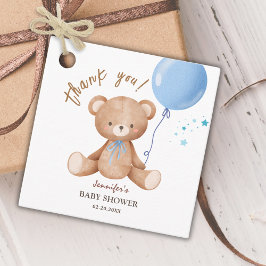 Blauwe ballon Teddy Bear thema | Jongen Baby showe Bedankjes Labels