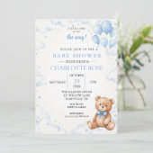 Blauwe Ballon Teddybeer Babyshower Uitnodiging (Staand voorkant)