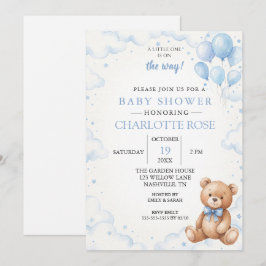 Blauwe Ballon Teddybeer Babyshower Uitnodiging