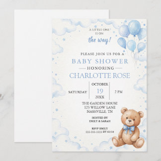 Blauwe Ballon Teddybeer Babyshower Uitnodiging