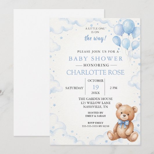 Blauwe Ballon Teddybeer Babyshower Uitnodiging (Voorkant / Achterkant)